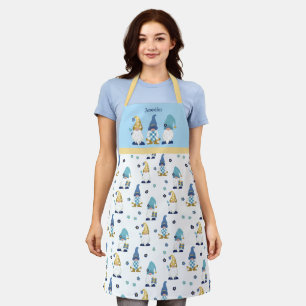 Tablier Jardin mignon Gnomes Or Bleu En vichy