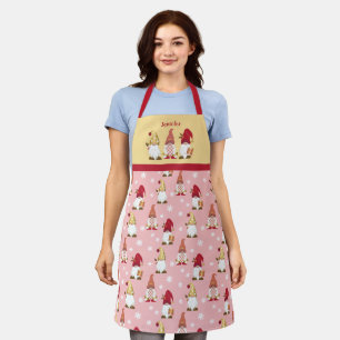 Tablier Jardin mignon Gnomes Rouge Or rose hiver