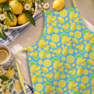 Tablier Jaune citron gai et motif citrus bleu