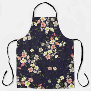 Tablier jaune rose et marron petites fleurs avec lea vert