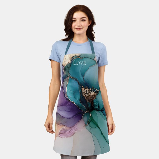 Tablier Joli Aqua bleu violet or Floral (Porté)