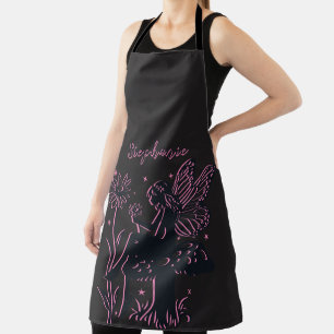 Tablier Joli champignon fée et fleurs noir et rose