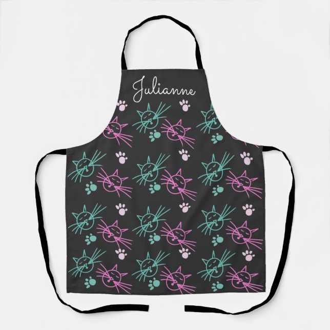 Tablier Joli chat Doodles rose Turquoise animal de compagn (Recto)