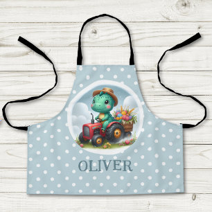 Tablier Joli dinosaure Trex conduisant un tracteur rouge