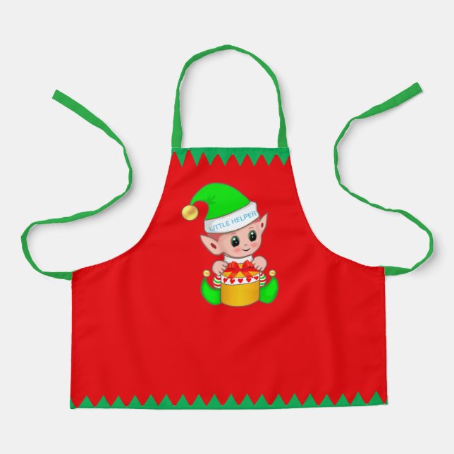 Tablier Joli elfe de Noël et des bandes vertes sur rouge (Recto)