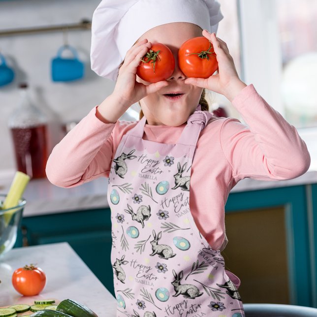 Tablier Joli lapin de Pâques rose et oeuf (Cute Pink Happy Easter Custom Name Apron Hand-Drawn Easter Bunny, Colorful Egg & Floral Pattern)
