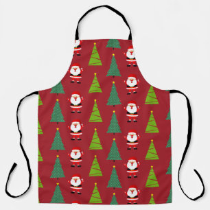 Tablier Joli Noël Arbres & Père Noël Motif Rouge