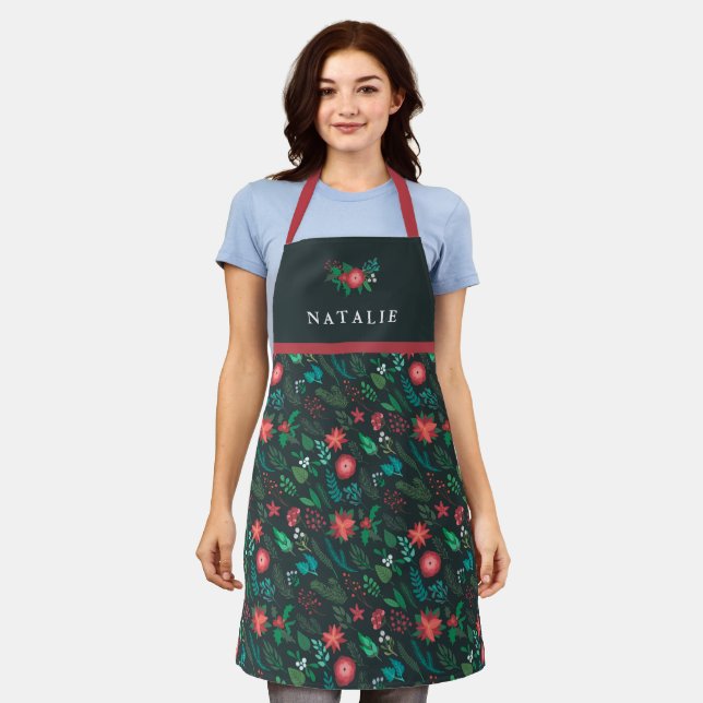 Tablier Joli Noël Floral Modèle Nom Femme verte (Porté)