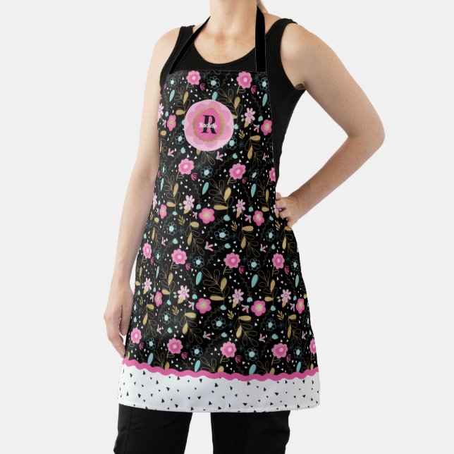 Tablier Joli noir rose Monogramme Floral Impression (Insitu)