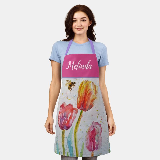 Tablier Joli Pastel Floral Tulip Pink Bee Womans Apron (Porté)