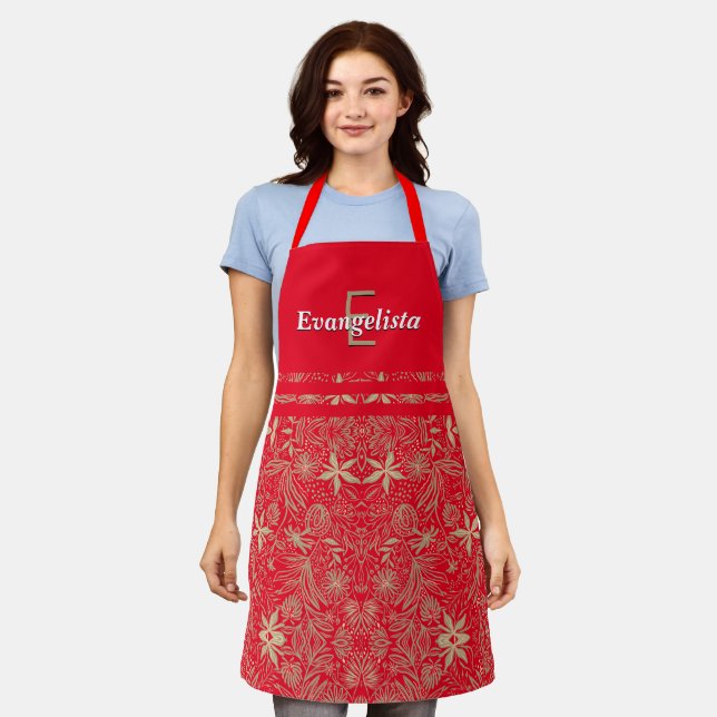Tablier Joli | Rouge floral | Monogramme personnalisé (Porté)