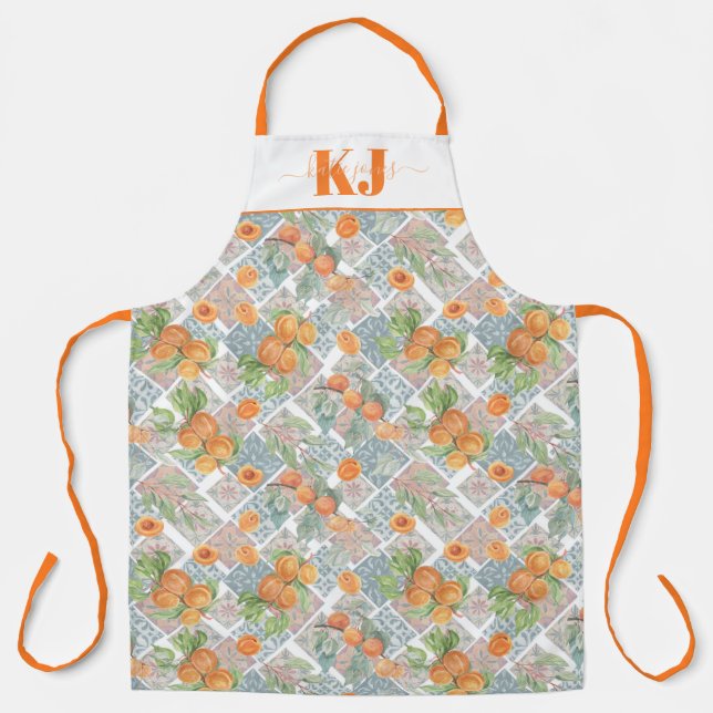 Tablier Jolie aquarelle Azulejo Apricot Carreaux | Monogra (Recto)