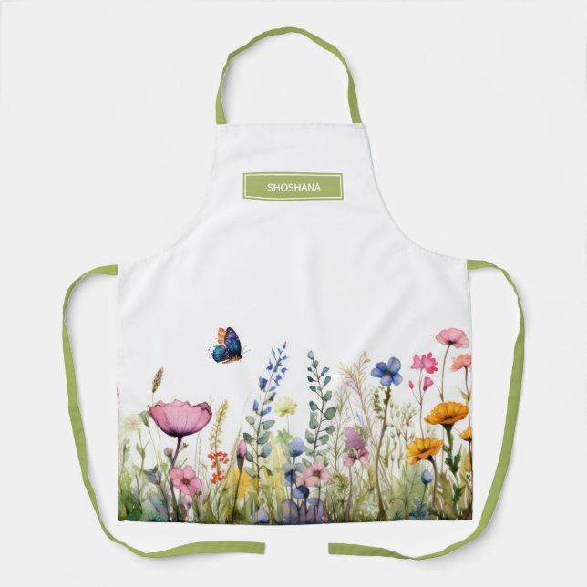 Tablier Jolie aquarelle Fleur sauvage avec papillon (Recto)