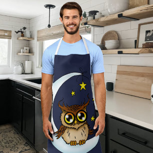 Tablier Jolie Hibou Brun Croissant Lune Étoiles Bleu