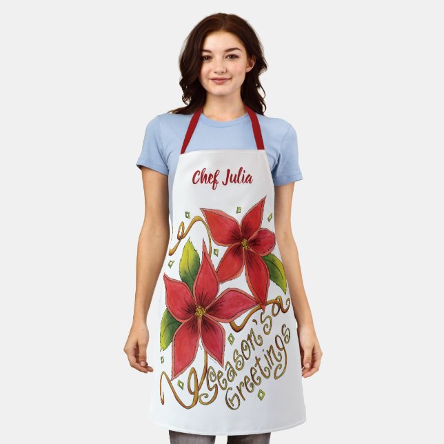 Tablier Jolies Bonnes Fêtes de Noël avec Poinsettias (Porté)