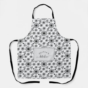 Tablier jolies fleurs noires et motif feuille