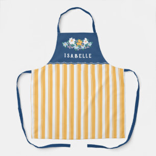 Tablier Jolies rayures jaunes Fleurs jaunes bleues