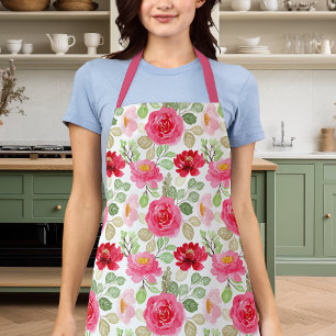 Tablier Jolies roses aquarelles roses et rouges florales