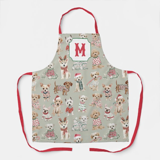 Tablier Jolis chiens de Noël Monogramme (Recto)