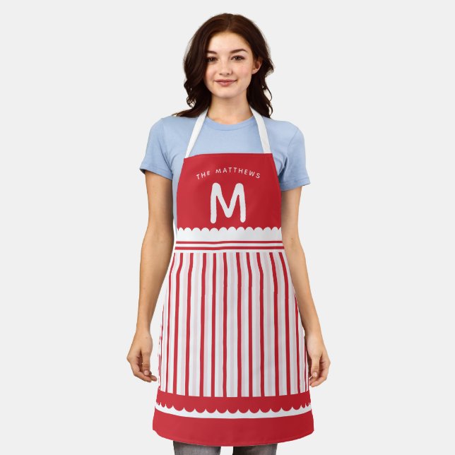 Tablier Jote Rouge & Blanc Bande De Bonbons Nom Monogramme (Porté)
