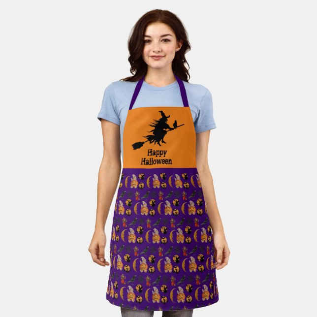 Tablier Joyeuse sorcière d'Halloween sur un bleu violet et (Porté)