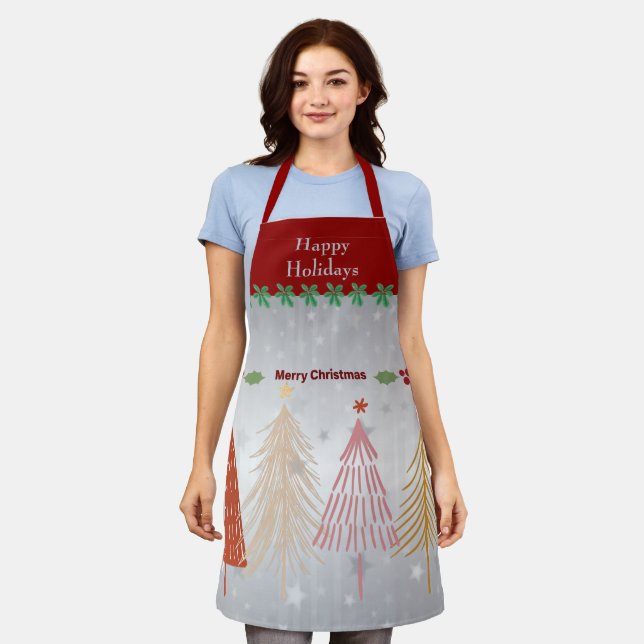 Tablier Joyeuses fêtes, argent festif et rouge de Noël, (Porté)
