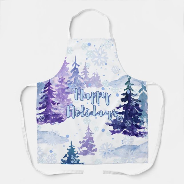 Tablier Joyeuses vacances Purple hiver Snowy Trees (Recto)