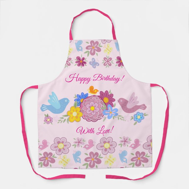 Tablier Joyeux Anniversaire Motif Oiseaux du Jardin Fleurs (Recto)