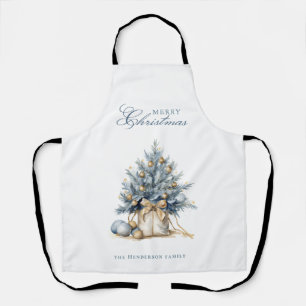 Tablier Joyeux Arbre de Noël Or Bleu Nom personnalisé