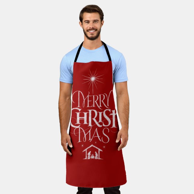 Tablier Joyeux CHRISTmas Calligraphie religieuse Rouge (Porté)
