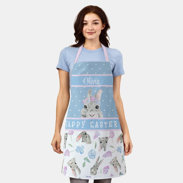 Tablier Joyeux lapins lapins de Pâques et Pois bleus (Porté)