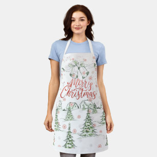 Tablier Joyeux Noël Arbres rouges et verts neige