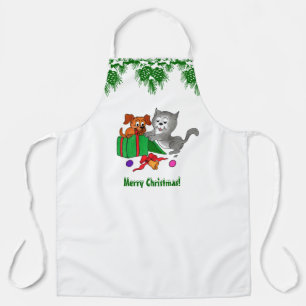 Tablier Joyeux Noël avec chat et chiot