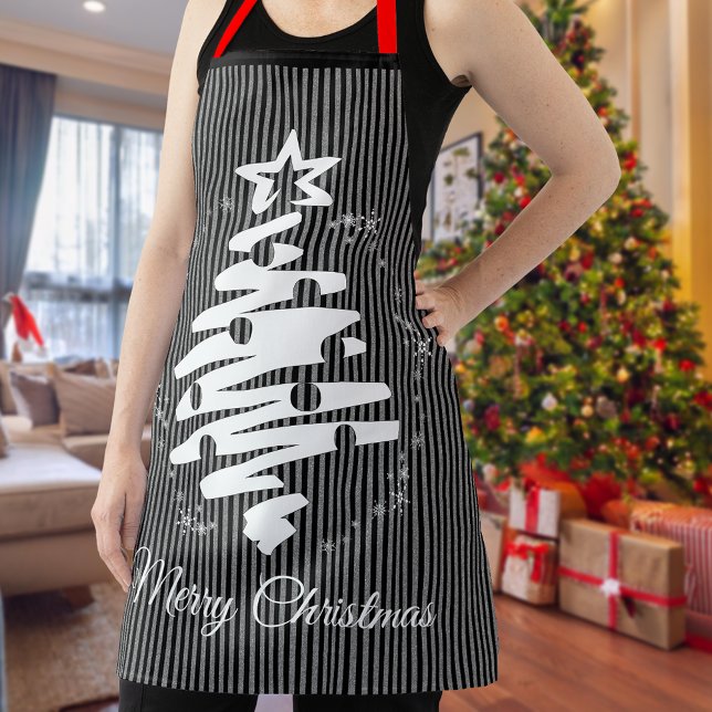 Tablier Joyeux Noël Black Stripe moderne Vacances (Merry Christmas Black Stripe Modern Holiday Apron)