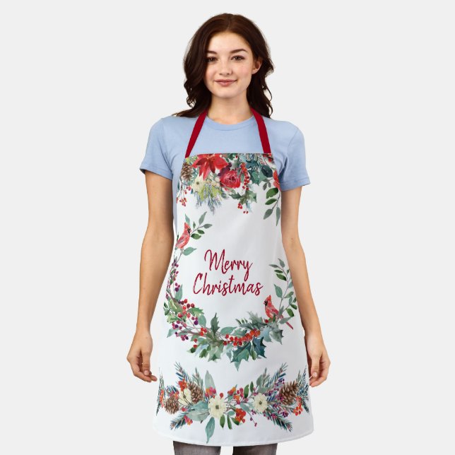 Tablier Joyeux Noël floral bordeaux vert pin blanc (Porté)