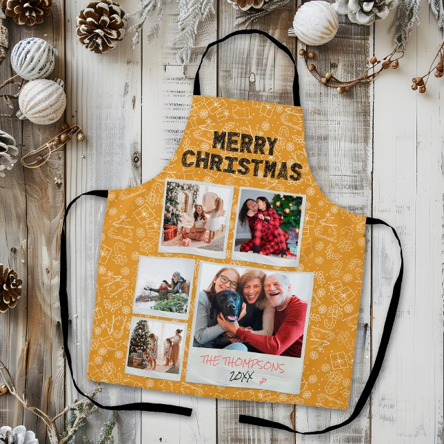 Tablier Joyeux Noël Jaune Doodles 5 Photo Famille Cadeau (Créateur téléchargé)