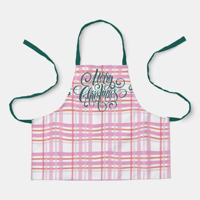 Tablier Joyeux Noël moderne Lettres rose blanc Plaid (Recto)
