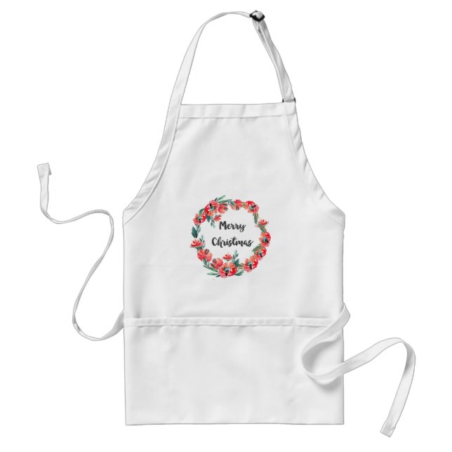 Tablier Joyeux Noël Rouge Floral Aquarelle Wreath (Devant)