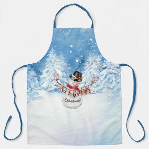 Tablier Joyeux Noël Snowman Aquarelle Arbres à neige
