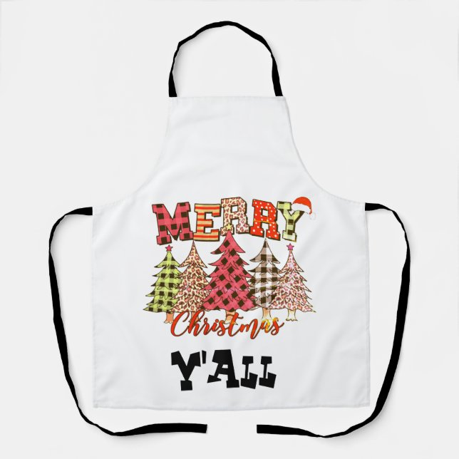 Tablier joyeux noël y'all avec des arbres de noël plaid T (Recto)