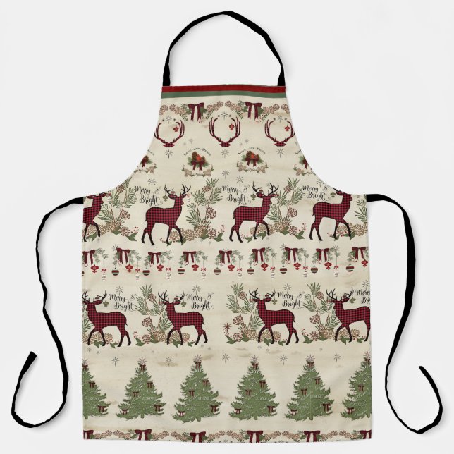 Tablier Joyeux pin de Noël brillant Cerf Bois rustique (Recto)