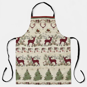 Tablier Joyeux pin de Noël brun Cerf Bois rustique