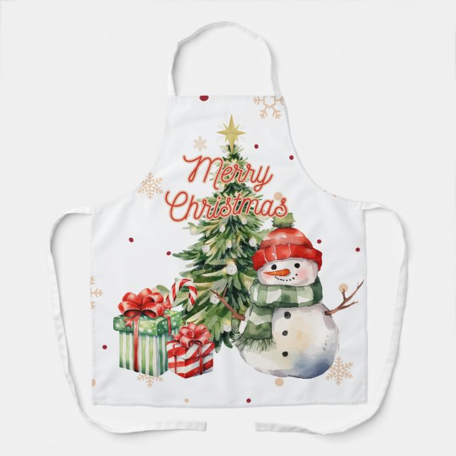 Tablier Joyeux sapin de Noël Snowman et présents (Recto)