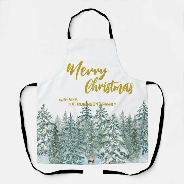 Tablier Joyeux xmas forêt moderne Gold script Holiday (Recto)