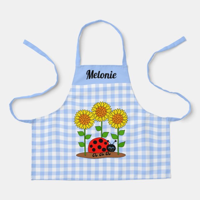 Tablier Ladybug avec tournesol bleu En vichy monogramme (Recto)