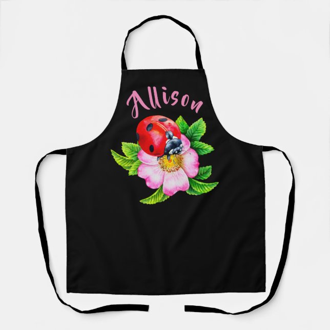 Tablier Ladybug Floral Black Women's Name Apron (Recto)