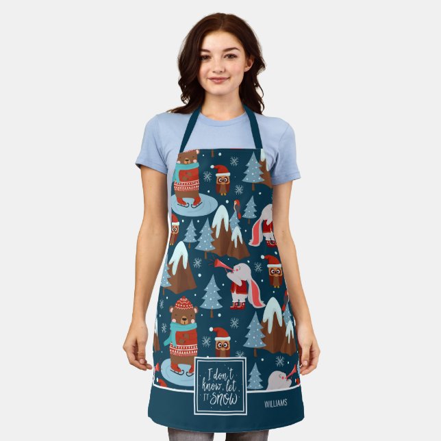 Tablier Laisser neiger mignon Nom animal Cuisine bleue (Porté)