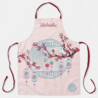Tablier lanterne bleue de fleur de cerisier asiatique art