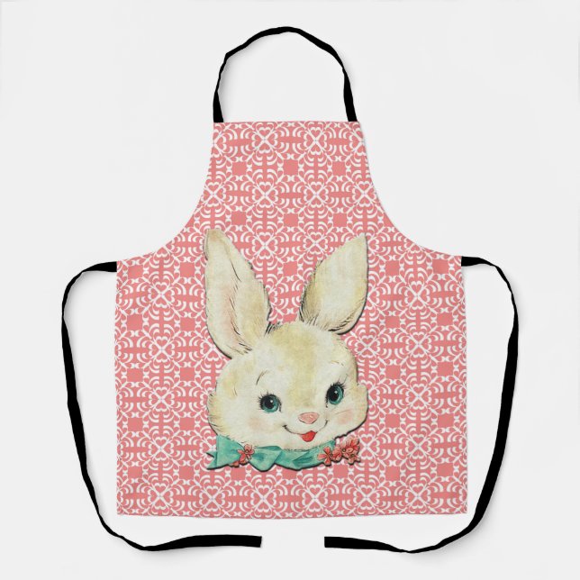Tablier Lapin de Pâques blanc 0n Fleur rose et blanc tabli (Recto)