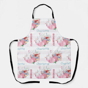 Tablier Lapins mignons sur motif de parapluie floral rose